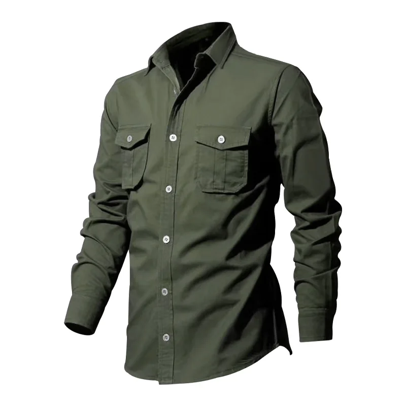 Army Green Tactical Cargo Shirt For Men Chest Two Pockets Long Sleeve Men\'s Shirt Stylish 2023 Trend Loose Casual Chemise Hombre