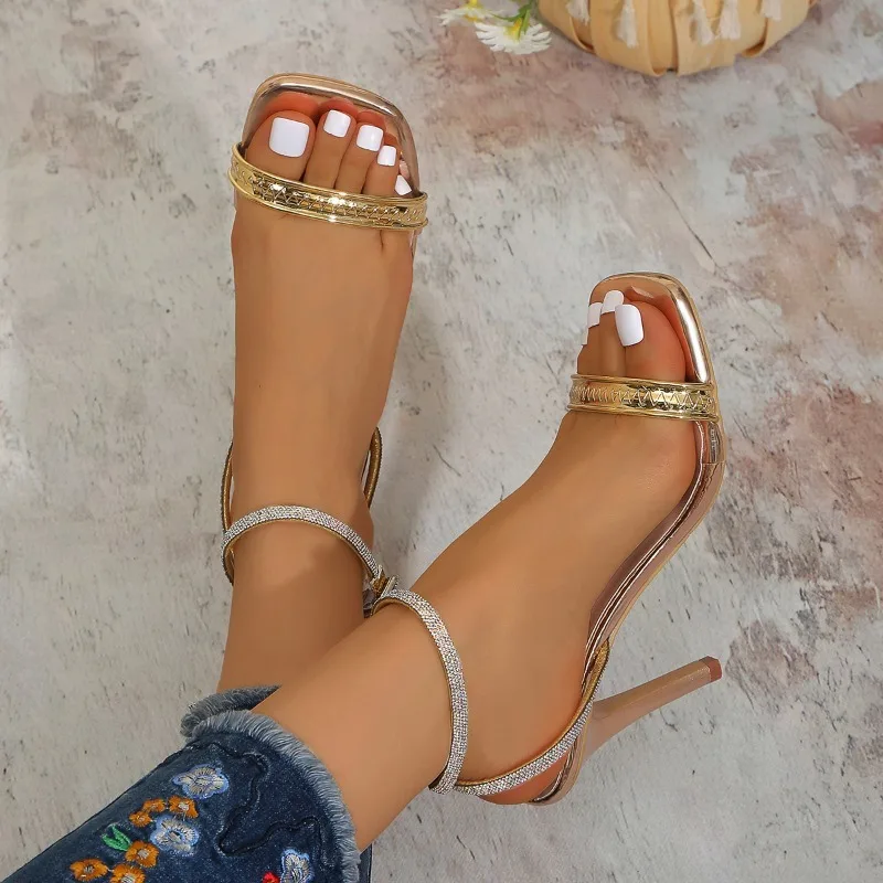 2026 Women's Gold High Heel Sandals Ankle Strap Rhinestone Stiletto Heel Sandals for Ladies Party Evening Club Fashion Shoes view 4