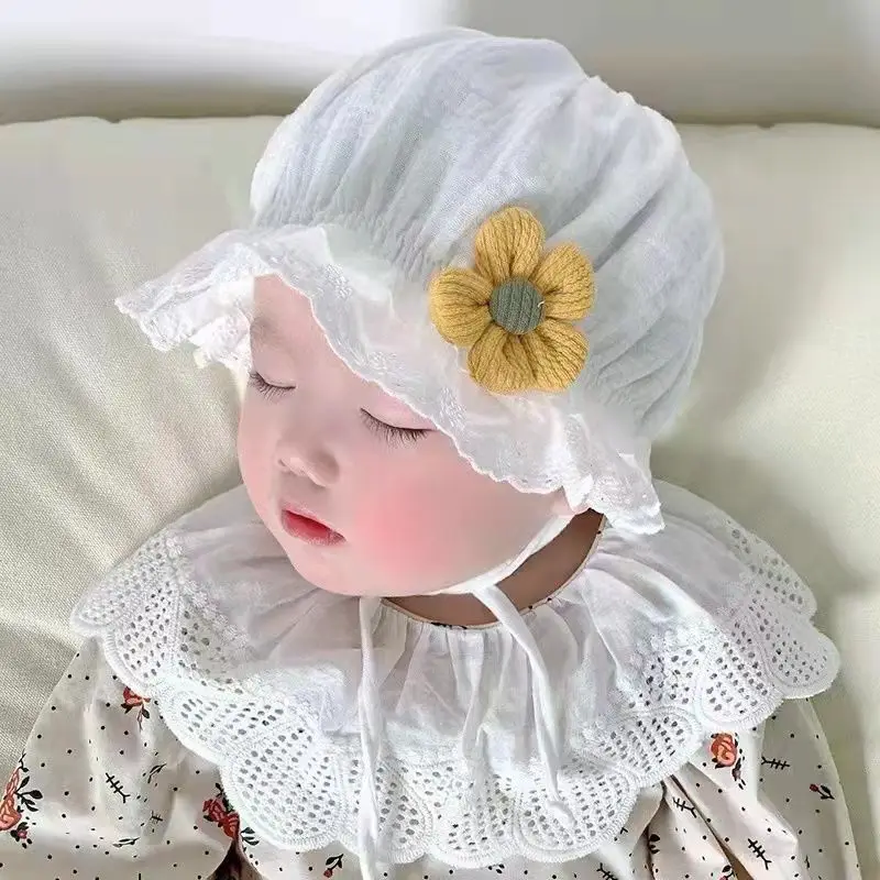 

Cute Newborn Baby Girls Hats Soft Bonnet With Flower Decoration Lace Ruffle Tied Up Princess Cotton Hat 0-12M