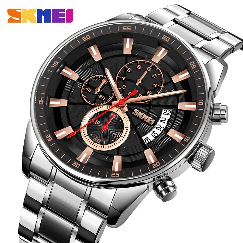 SKMEI relogio masculino New Japan Quartz Movement Clock Full Steel Stopwatch Date Watch Mens Casual Waterproof Wristwatches Male