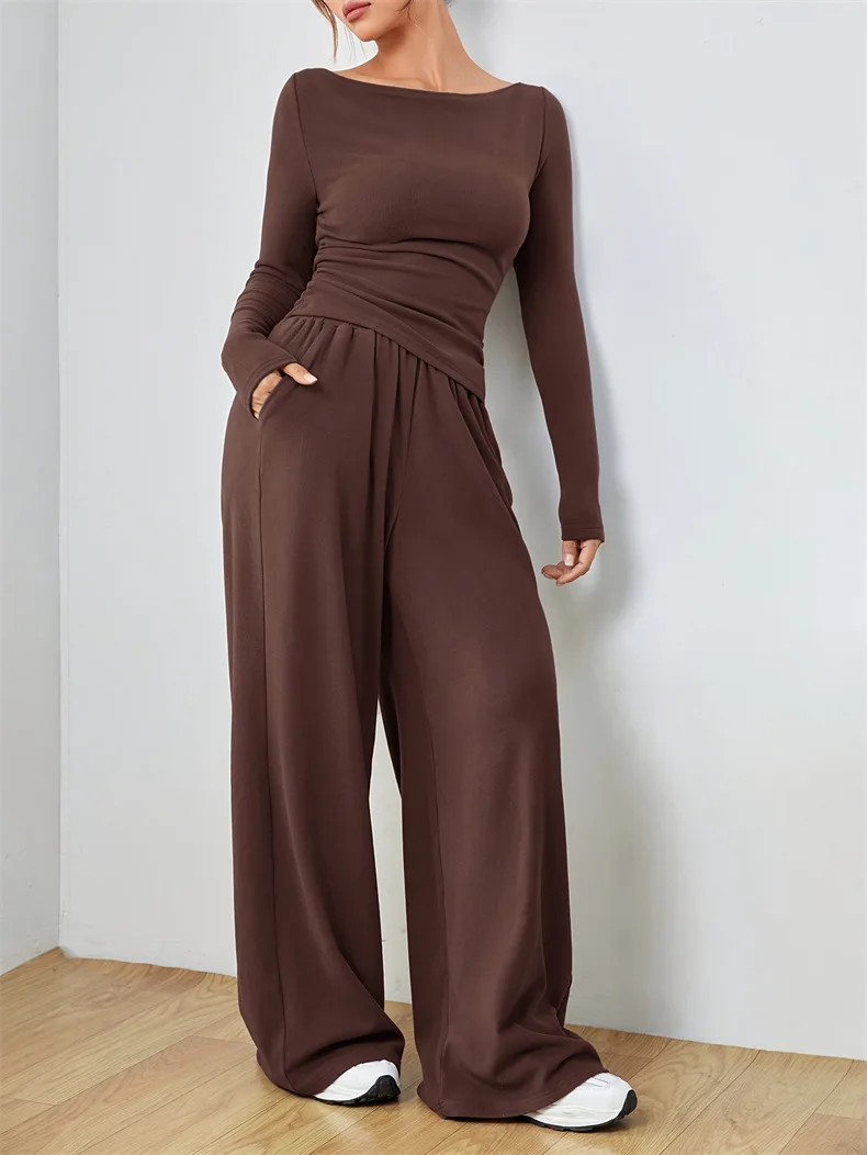 Women's Two-piece Wide Leg Pants Fashion Set Irregular Short Top Women's Clothing Yoga Exercise Set Спортивный Костюм Женский  image 6