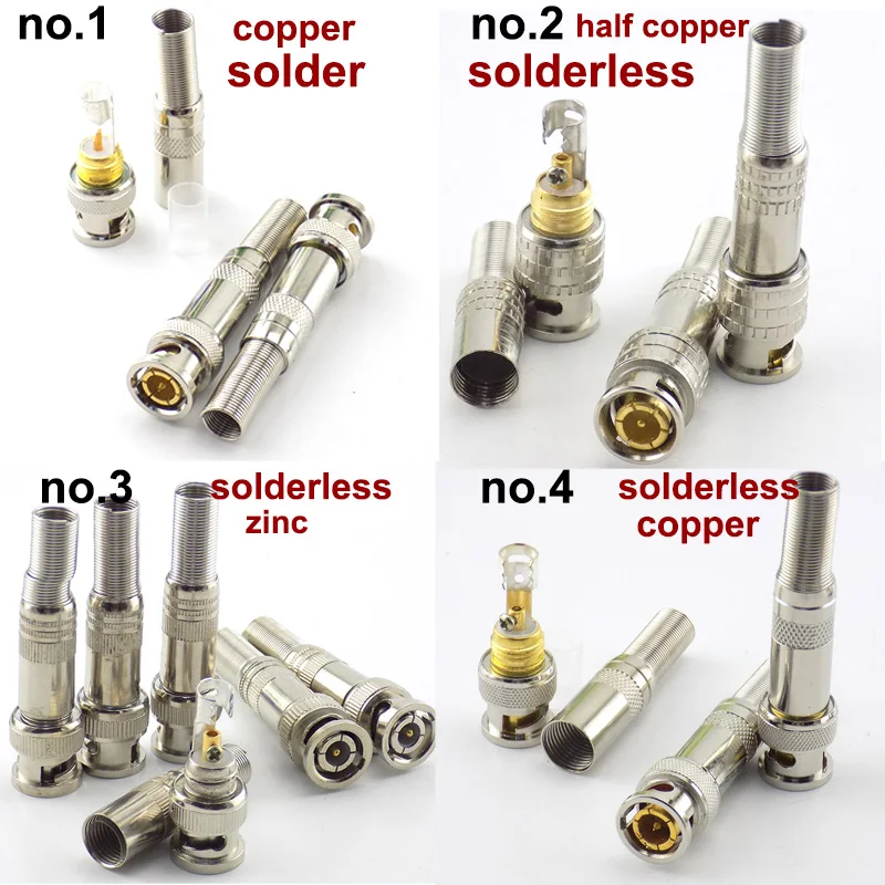 Solder Solderless BNC Male Plug Connector RG59 jack Coaxial for Video Balun Adapter Cable Copper Zinc Twist-on Twist Spring