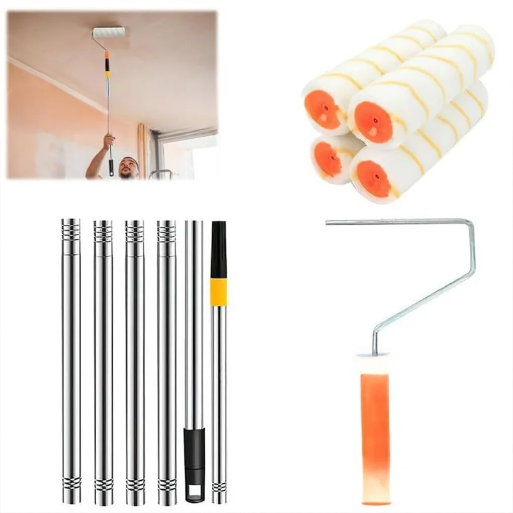 Poste de extensión de rodillo de pintura, poste telescópico de pintura extraíble con cepillo de rodillo de pintura, suministros portátiles de pintura de pared para techo