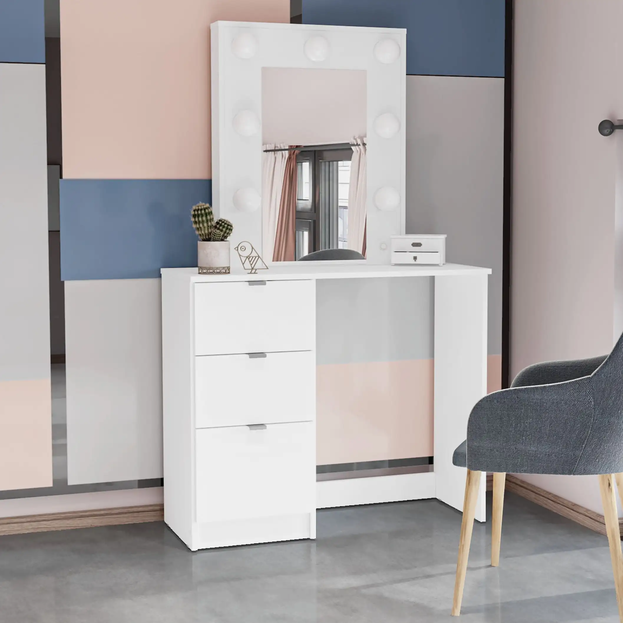 

Daisy Modern Bedroom Makeup Vanity Table with Lighted Mirror, White Finish