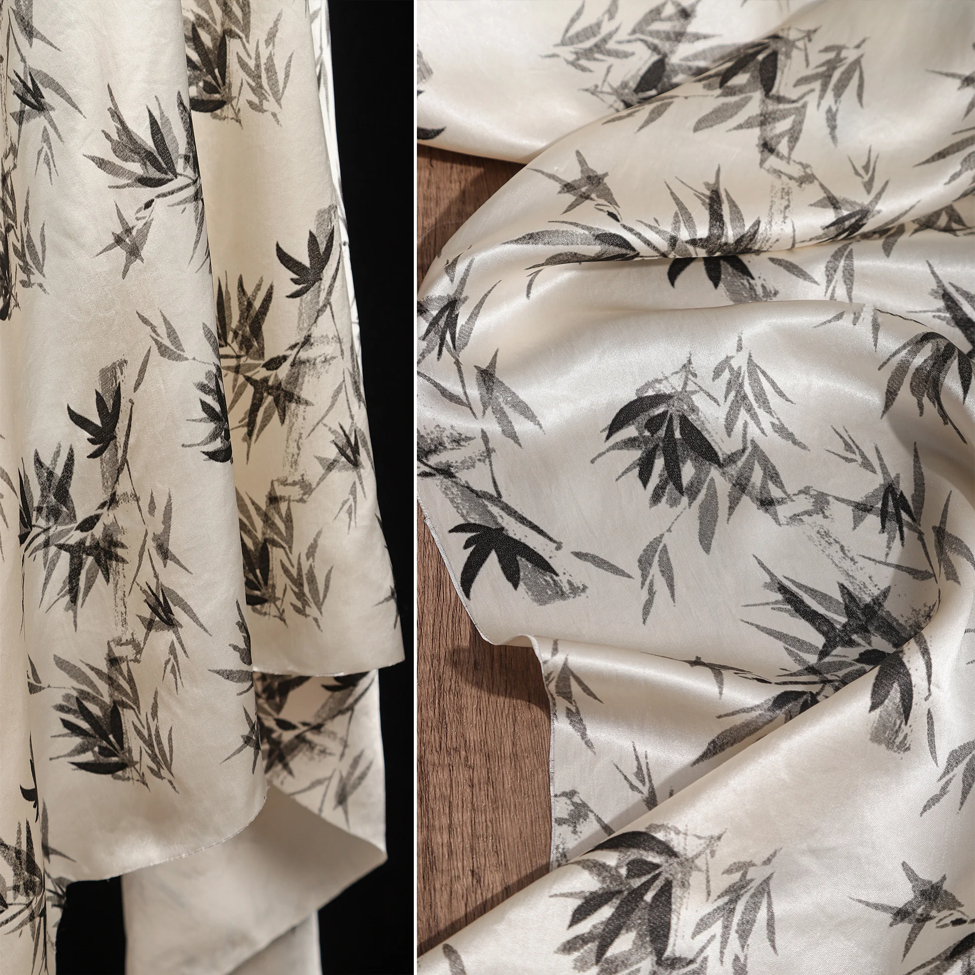 Beige bamboo leaves acetate satin cloth Chinese style fabric Qipao dress horse skirt designer fabric