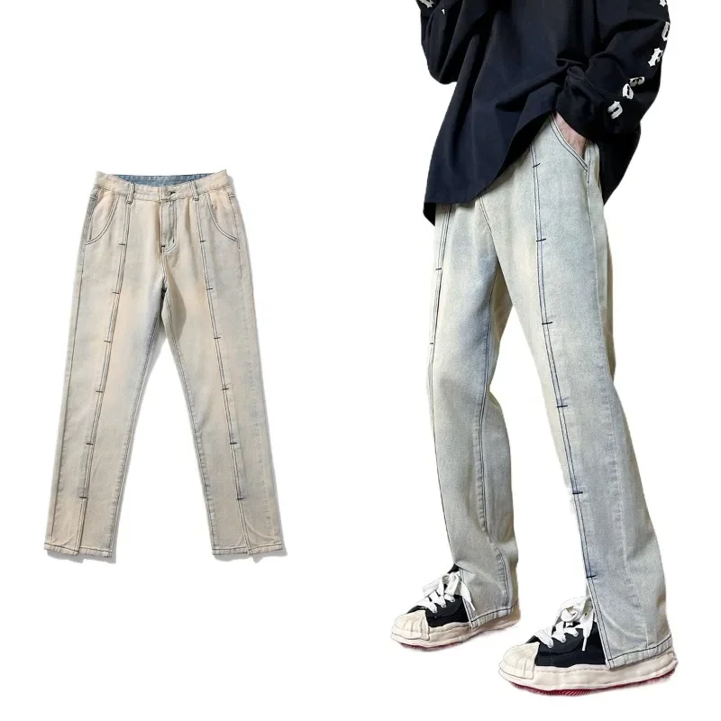 Men Do Old Vintage High Street Jeans Ins Wash Open Straight Leg Casual Mid-waist Trousers