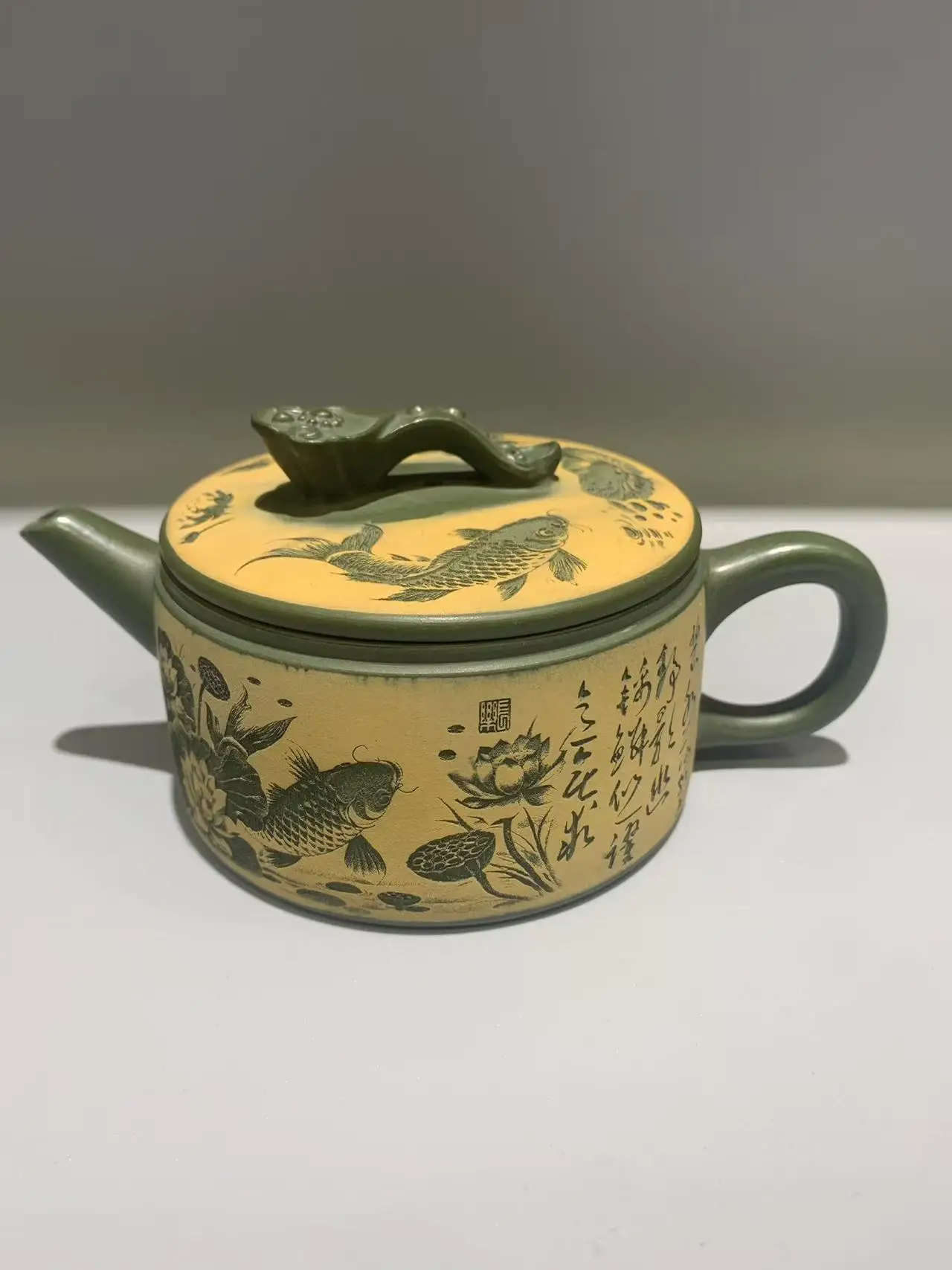 Old Chinese Handicraft Enameled YiXing Zisha Teapot,louts&fish, #01,Free shipping