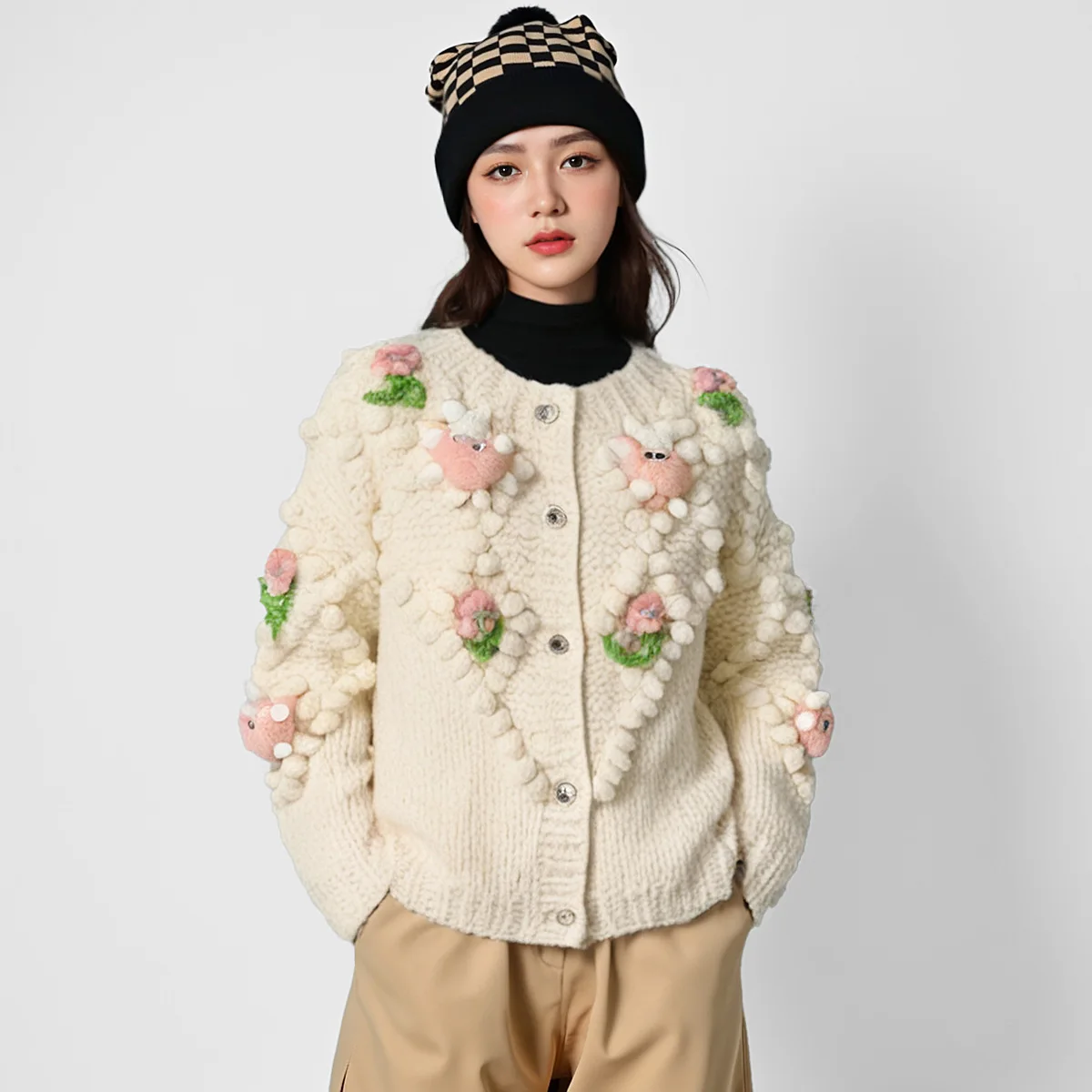 

Sweet Sle Cisas Themed Handmade Knitted Sweater Cardigan Women's Long Sve round Ne Embroidered Doll 3D Stitched Ou...