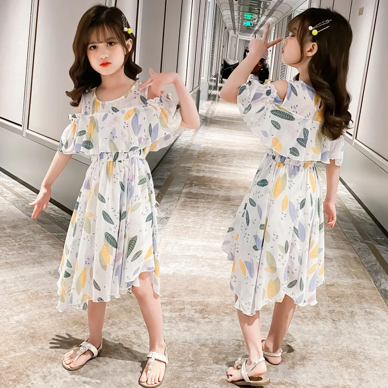 2024 teens Summer baby Girls Dress Clothes mesh leaf Bohemian Floral Off Shoulder chiffon Long Beach 3 4 5 6 7 8 9 10 12 years