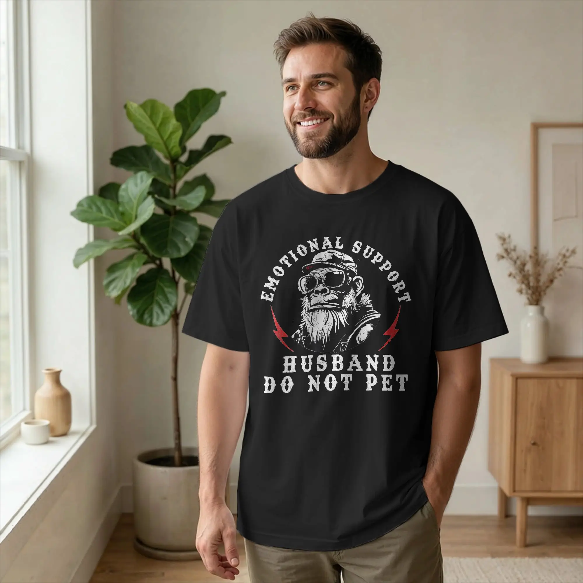 Emotional Support Husband Do Not Pet T-Shirt Men Funny Monkey Funny Cotton Tees Round Collar Short Sleeve T Shirts merchandise