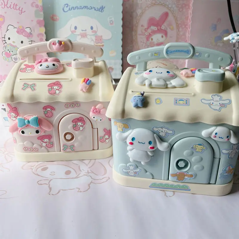 Sanrio My Melody Cinnamoroll Bank Anime Cartoon Cute Square Money Boxes Bank With Lock And Key For Notes Children Birthday Gifts