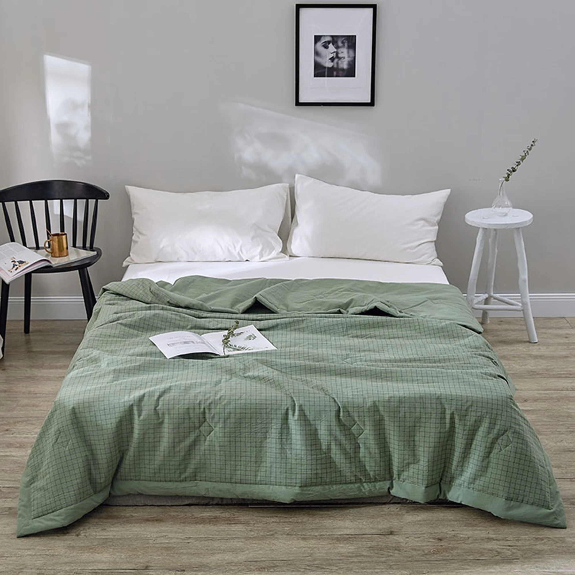 

summer cool quilt,Green simple Nordic style small grid,fit in your150x200CM,Washable cotton summer quilt,air-conditioned quilt,