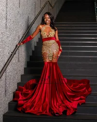 Red Mermaid Prom Dresses With Belt Luxury Beaded Crystals Wedding Party Gown Black Girls Long Birthday Evening Robes de soirée