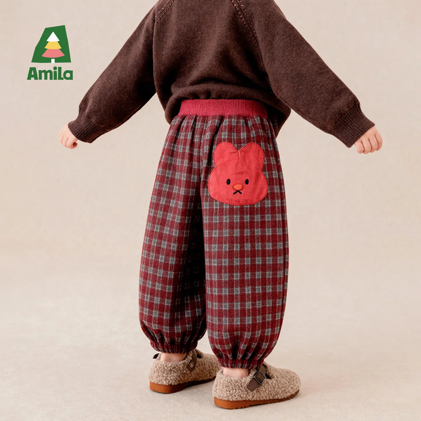 Amila 2026 Autumn New Kids Casual Pants Vintage Plaid Woolen Look Rabbit Applique Lantern Pants Fashion Comfortable Daily Long P