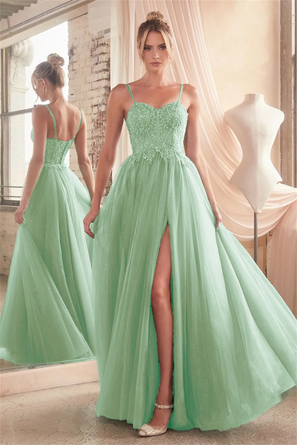 Tulle Spaghetti Straps Strapless Prom Dresses With Split Sheer Corser Lace Appliques Formal Evening Party A-line Long Ball Gowns