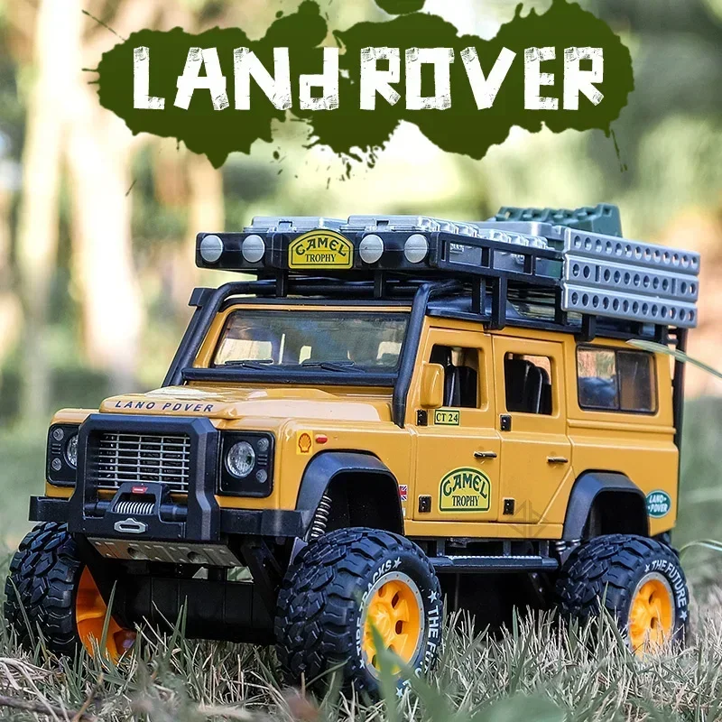 1:28 land rover defender carro de brinquedo camelo troféu liga diecast puxar para trás modelo som luz veículos metal crianças presentes coleção