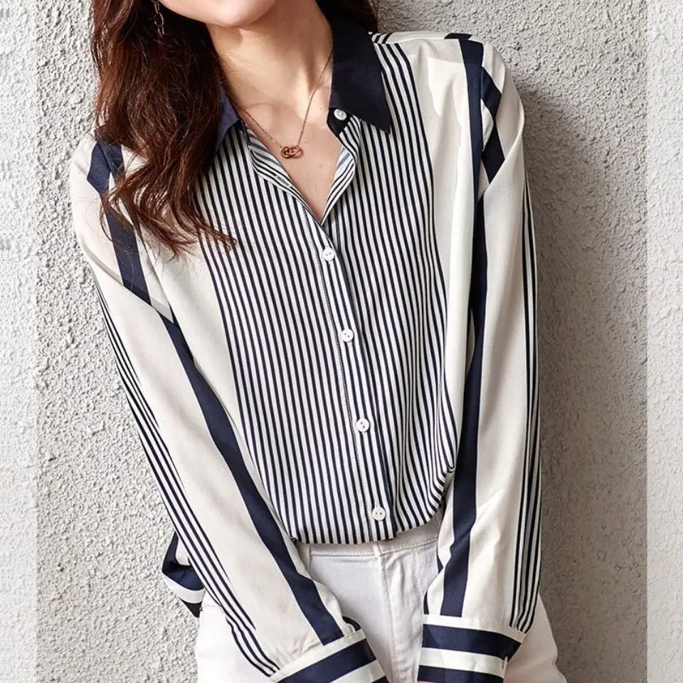 Striped Color Blocked Long Sleeved Chiffon Shirt for Women\'s Spring Autumn New Commuting Temperament Loose Versatile Shirt Top