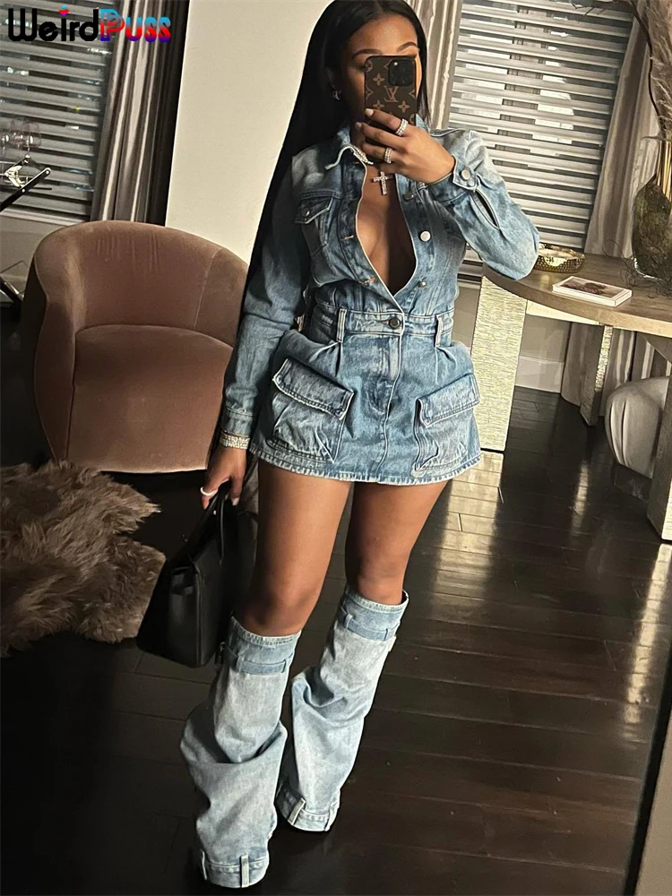 Weird Puss Multi-Pocket Women Denim Dress+Socks Single-Breasted Washable High Waist Skinny Causal Fashion Daily Y2K Streetwear