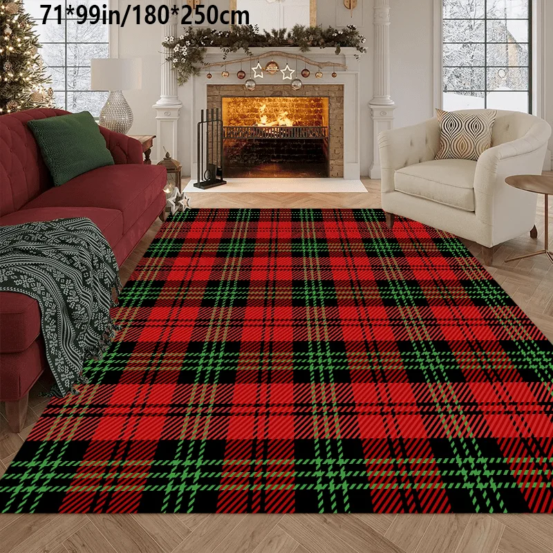 VIKAMA Christmas Tartan Plaid Large Rug,Anti‑Slip Indoor Area Mat,Red‑Green Check Pattern Carpet for Bedroom Festival Home Rug