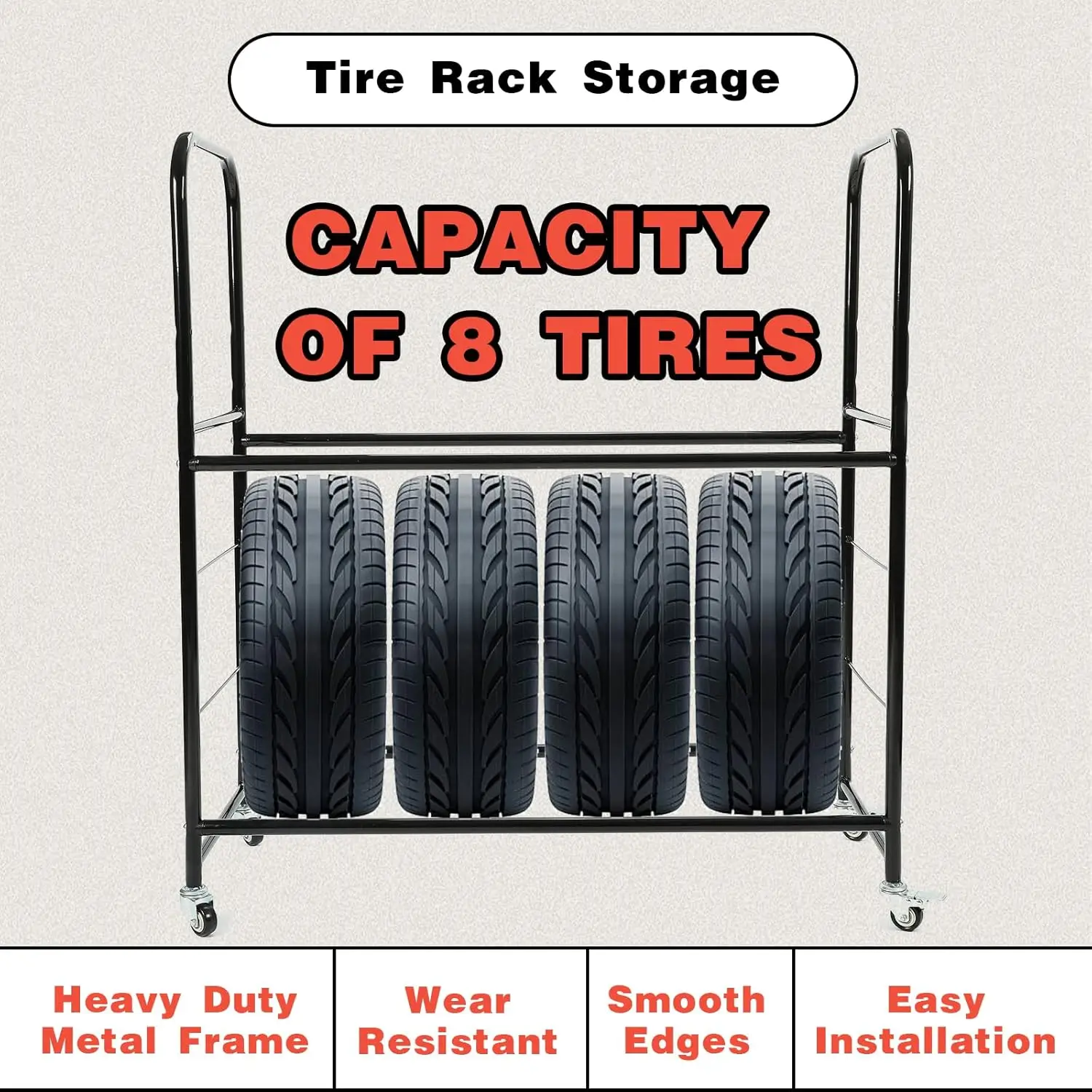 바퀴와 덮개가 있는 조절 가능한 타이어 보관 랙, 타이어 8개 수납 가능, 46'' x 19'' x 44'', 차고 선반