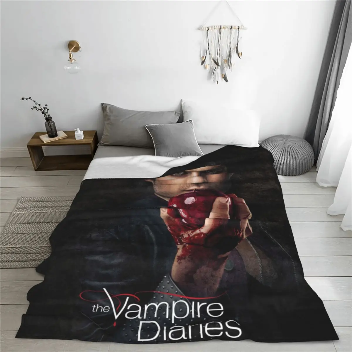 Damon Salvatore The Vampire Diaries Fleece Throw Blankets Horror Blankets for Sofa Outdoor Super Soft Bedding Throws