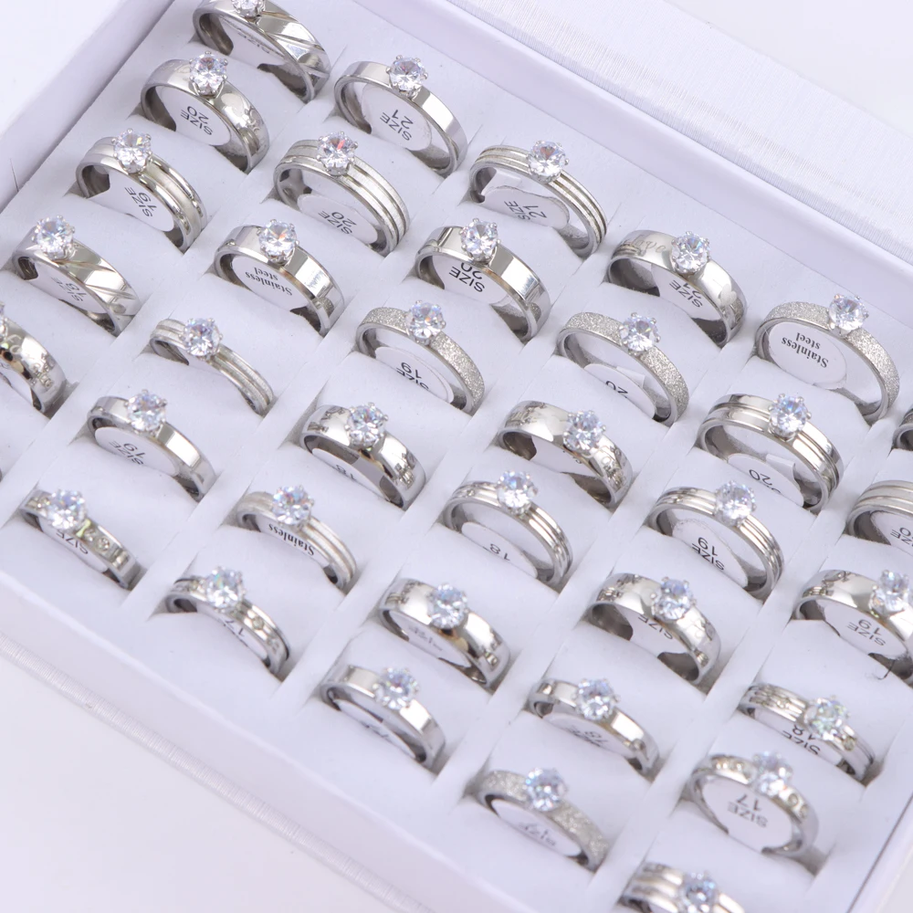 10Pcs/Lot Fashion Stainless Steel Zircon Silver Gold Color Love Rings For Women Men Wedding Jewelry Party Gifts Wholesale