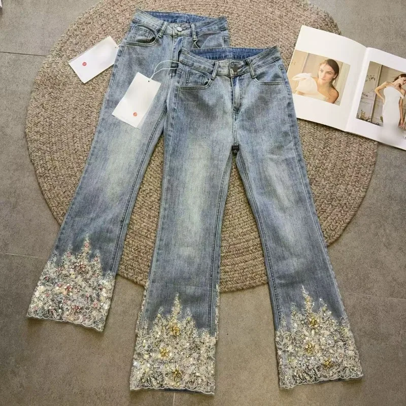 

Summer's New Heavy-duty Beaded Sparkling Sequined See-through Slimming Elastic High-waisted Nine-inch Denim Flared Pants Women