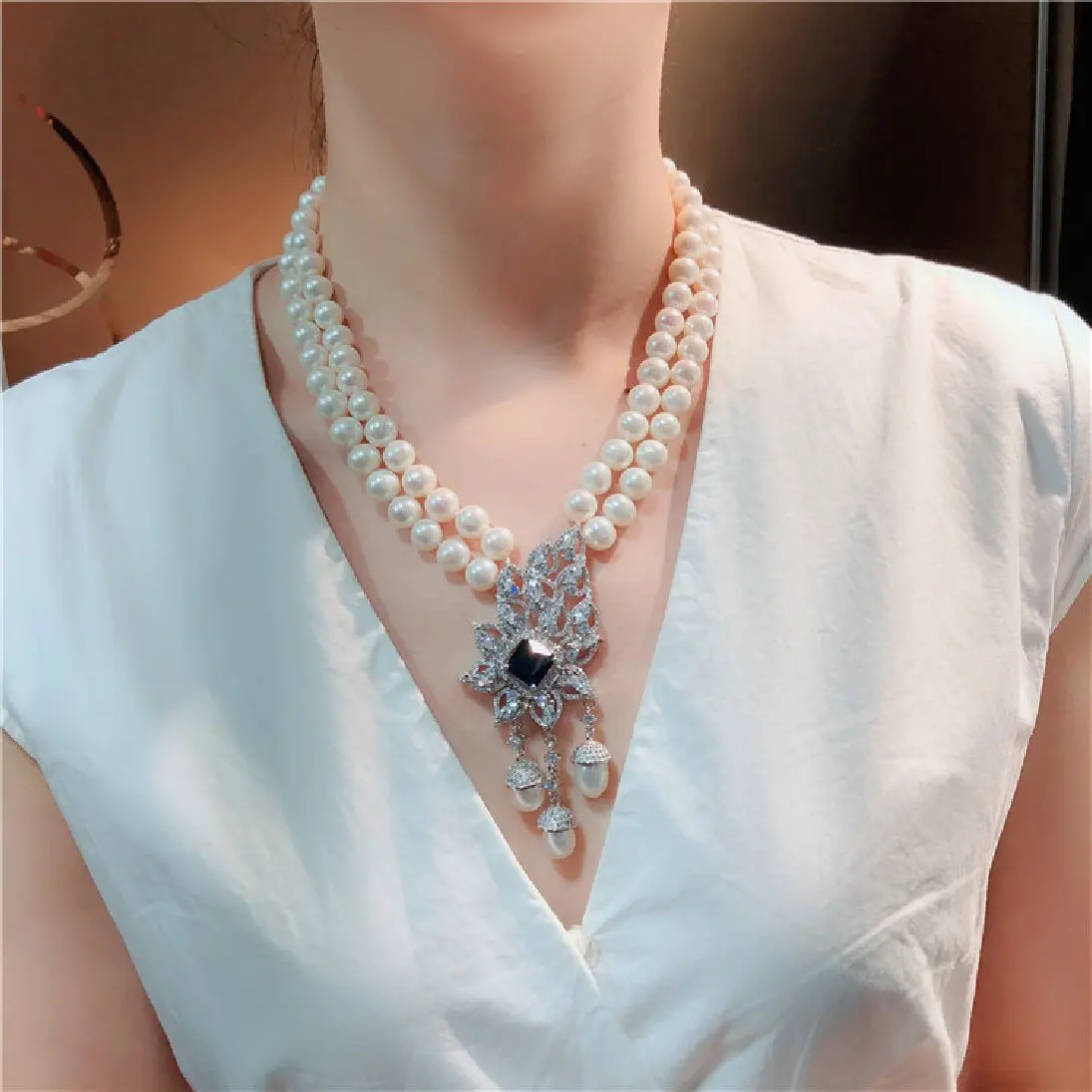 Hand knotted simple noble 2strands 8mm white freshwater shell micro inlay zircon accessories pearl pendant necklace 45-48cm