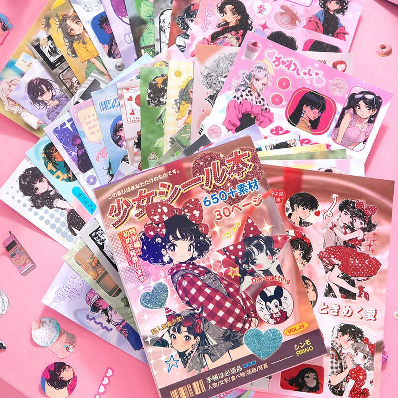 30 Pages Y2K Retro Cute Cartoon Decorative Stickers Book Scrapbooking Phone Case DIY Journal Collage Material Sticker Gift