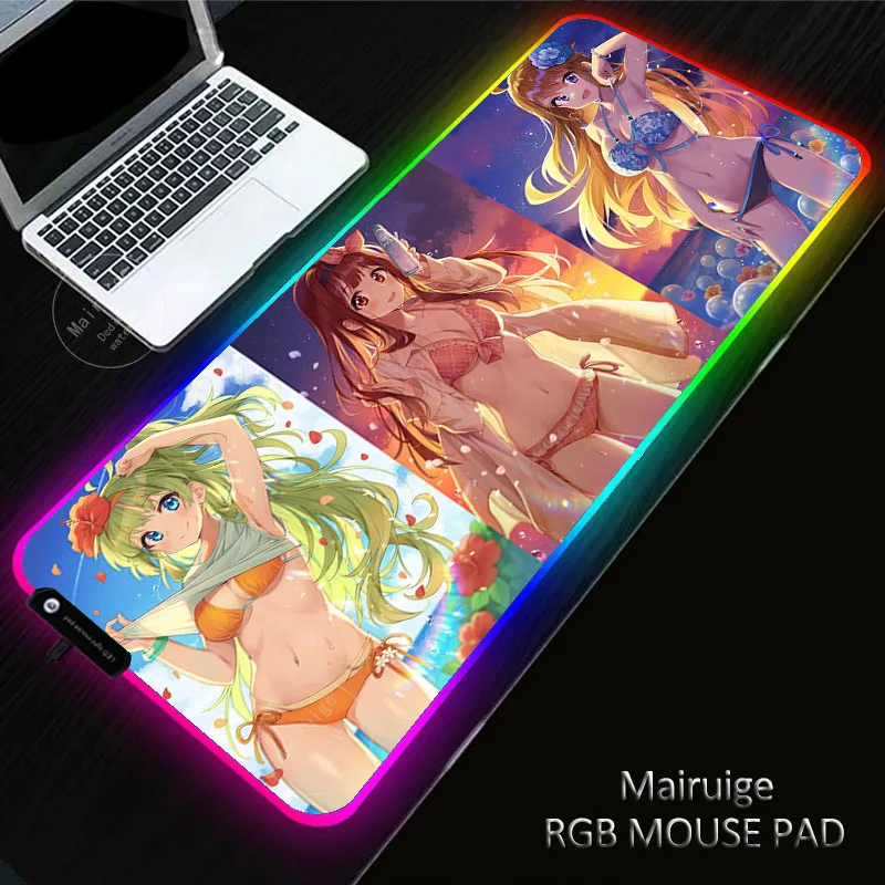 

Anime Sexy Swimsuit Girl RGB Large Gaming 900x400/350X600MM Cute Girly Mouse Pad LED Lighting Mousepad Gamer Computer Desk Mat