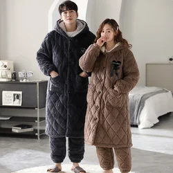 Thick 3 Layer Cotton Bathrobe+Pants Men Women Winter Warm Kimono Bath Robe Male Solid Robes Fleece Dressing Gown