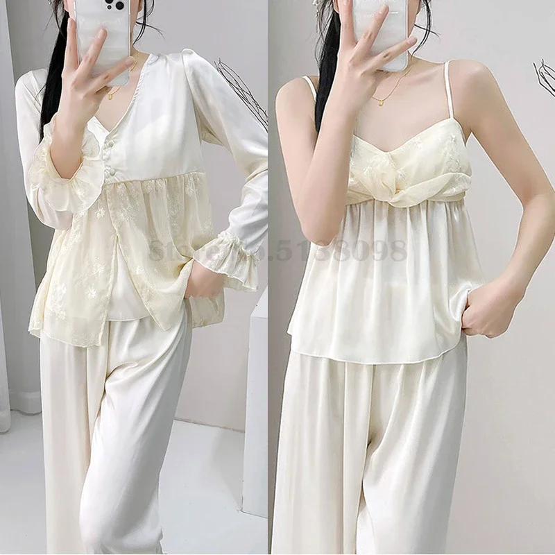 

3 шт. пижамы сексуальные кружевные лоскутные пижамы три женщин с принтом повседневная домашняя одежда летние атласные брюки на подтяжках кардиган домашняя одежда