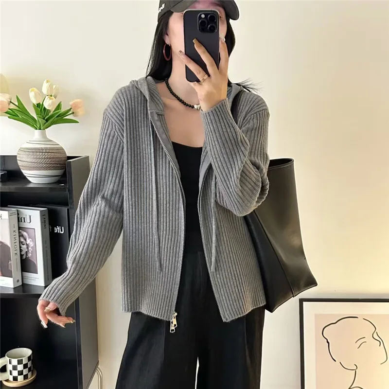 Korean Style Women's Hooded Sweatshirt Jacket 2025 Autumn New Solid Loose Knit Zip Up Hooded Cardigan Y2k Streetwear Women
