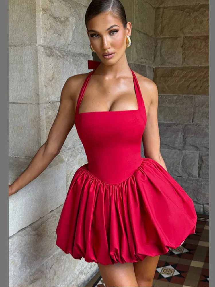 Vintage Pink Corset Puffball Hem Mini Dress Women's Elegant Halter Pleated High Waist Gowns New Lady Vintage Pink Corset Puffball Hem Mini Dress Women's Elegant Halter Pleated High Waist Gowns New Lady