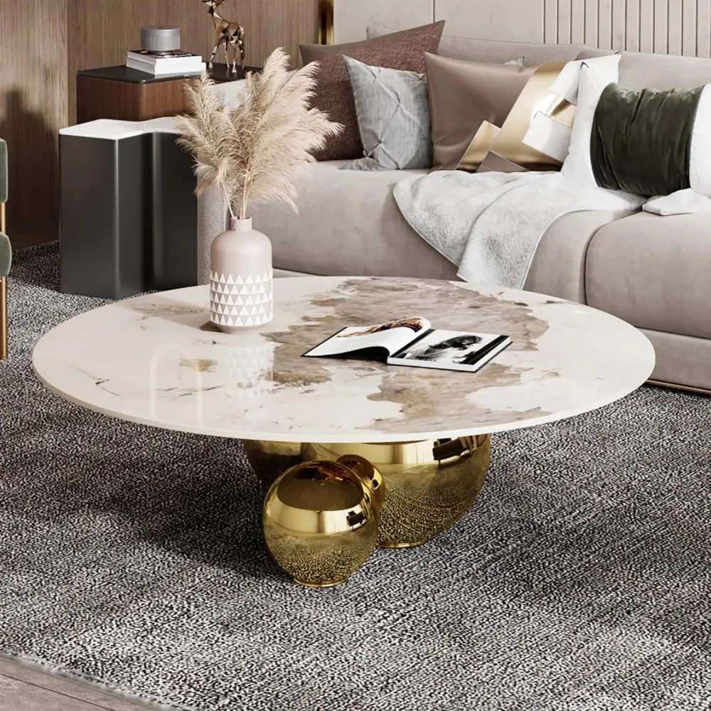 

Modern Round Marble Coffee Table, 39.4 inch Marble-Look Top with Gold Ball Base, Center Table for Living Room, Office