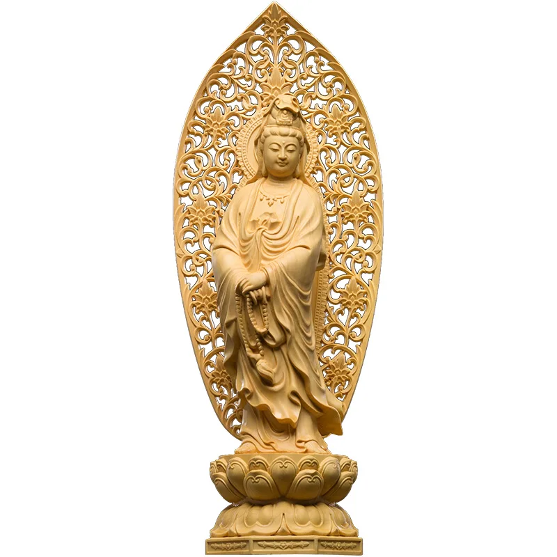 Sea Guan Yin Wood Statue, Exquisite Carving of Feng Shui Kuan Yin, a Serene Light and Prayer Figure - A Vibrant Buddha