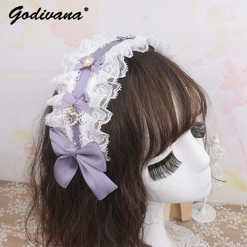 Fascia per capelli fatta a mano giapponese dolce e carina Lolita con fiocco in strass, fascia larga per ragazza, dolce copricapo da donna