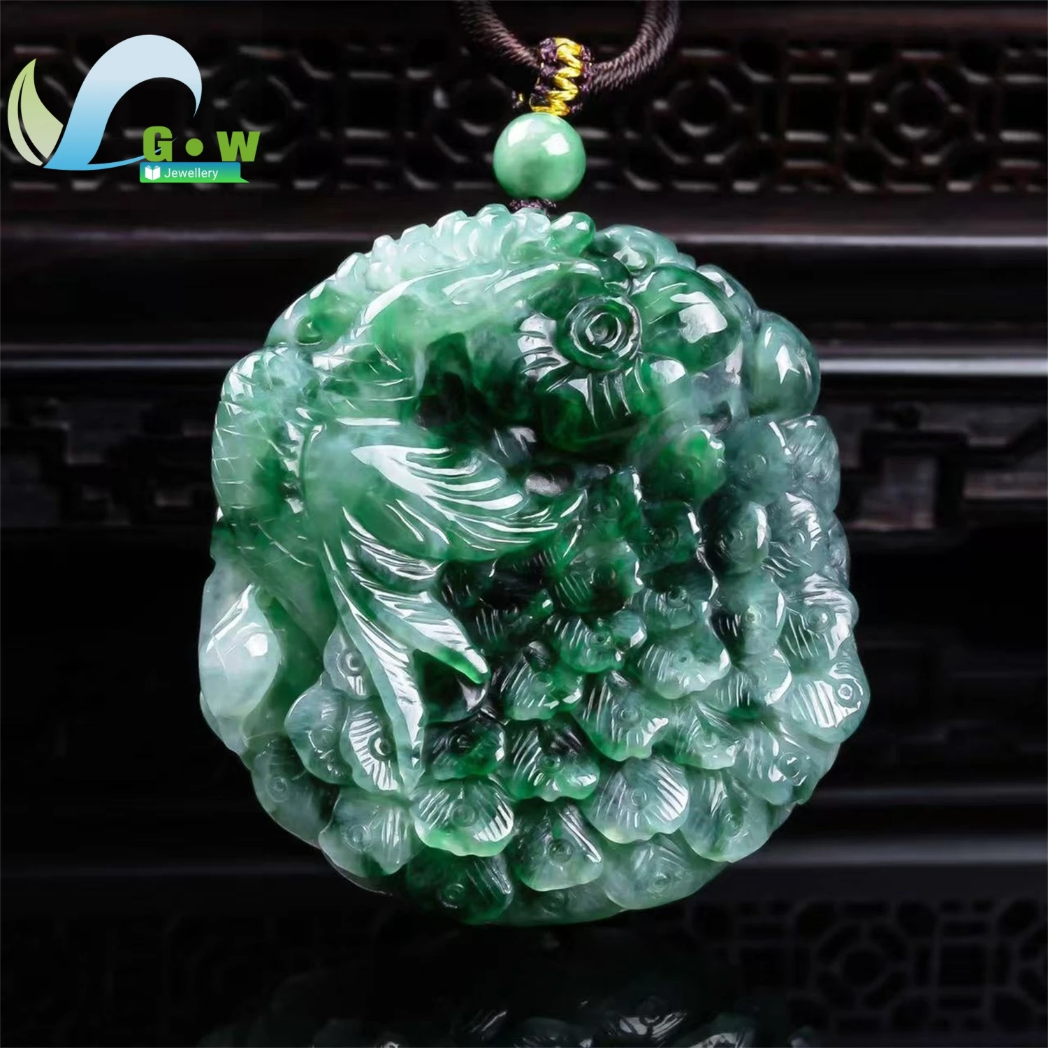 Natural A Grade Jadeite Phoenix Facing Sun Pendant Thick Three Dimensional Hollow Old Stock High Ice Hanging Ornament Unisex