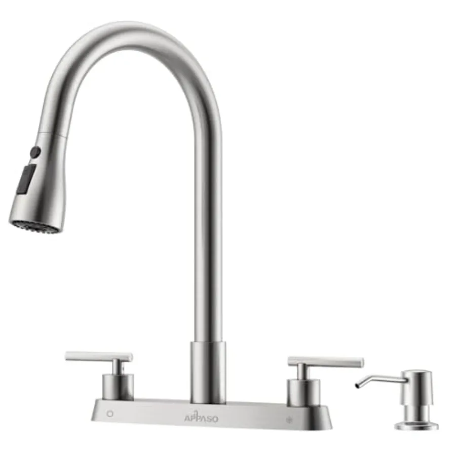 

Кухонный смеситель с 2 ручками и распылителем, 4 отверстия, высокий излив, нержавеющая сталь, для 3-х или 4-х отверстных раковин для автодомов/уличных кухонь, матовый никель с полиуретановым покрытием