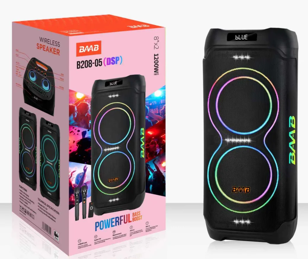 

B208-05 60W Двойной 8-дюймовый сабвуфер для уличных вечеринок с RGB LED подсветкой, пультом дистанционного управления и аккумулятором 12V9A