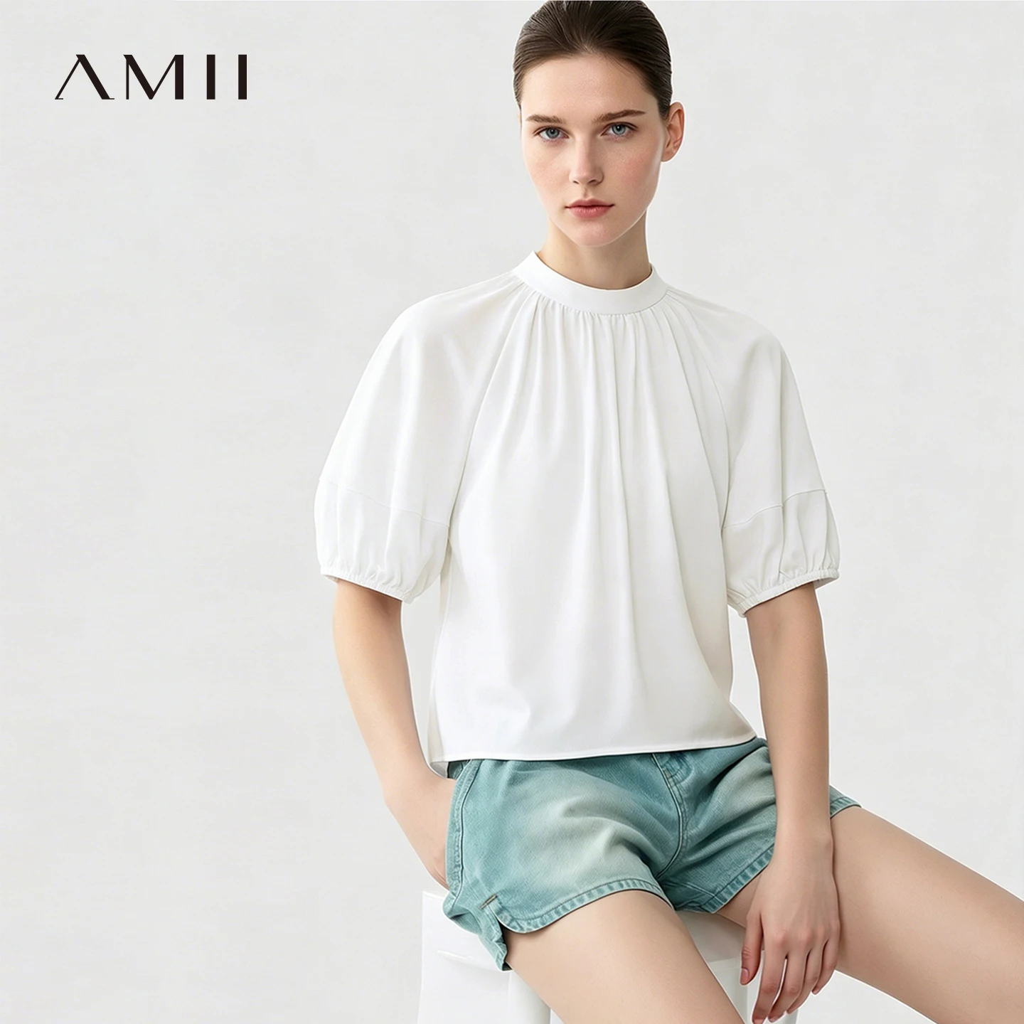 

Amii Women's Shirt 2026 Summer New Stand Collar Lantern Dolman Sleeve 100% Cotton Blouse Loose Casual Short Top Female 12642176