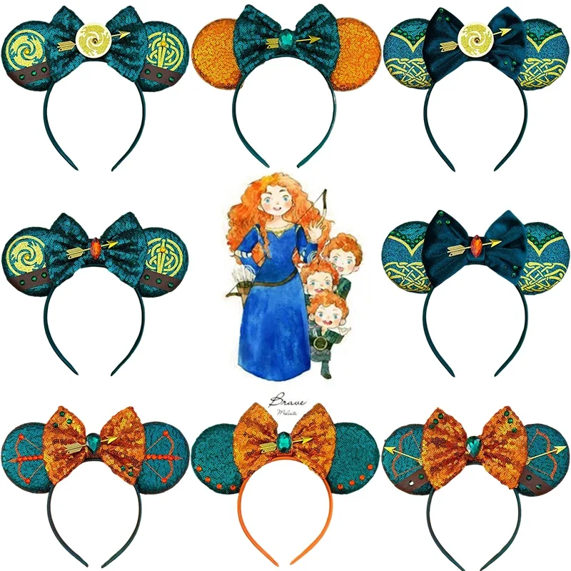 Pixar Brave Ears Headbands for Women Disney Princess Merida Hair Accessories Girl Green Sequins Bow and Arrow Hairband Kids Gift