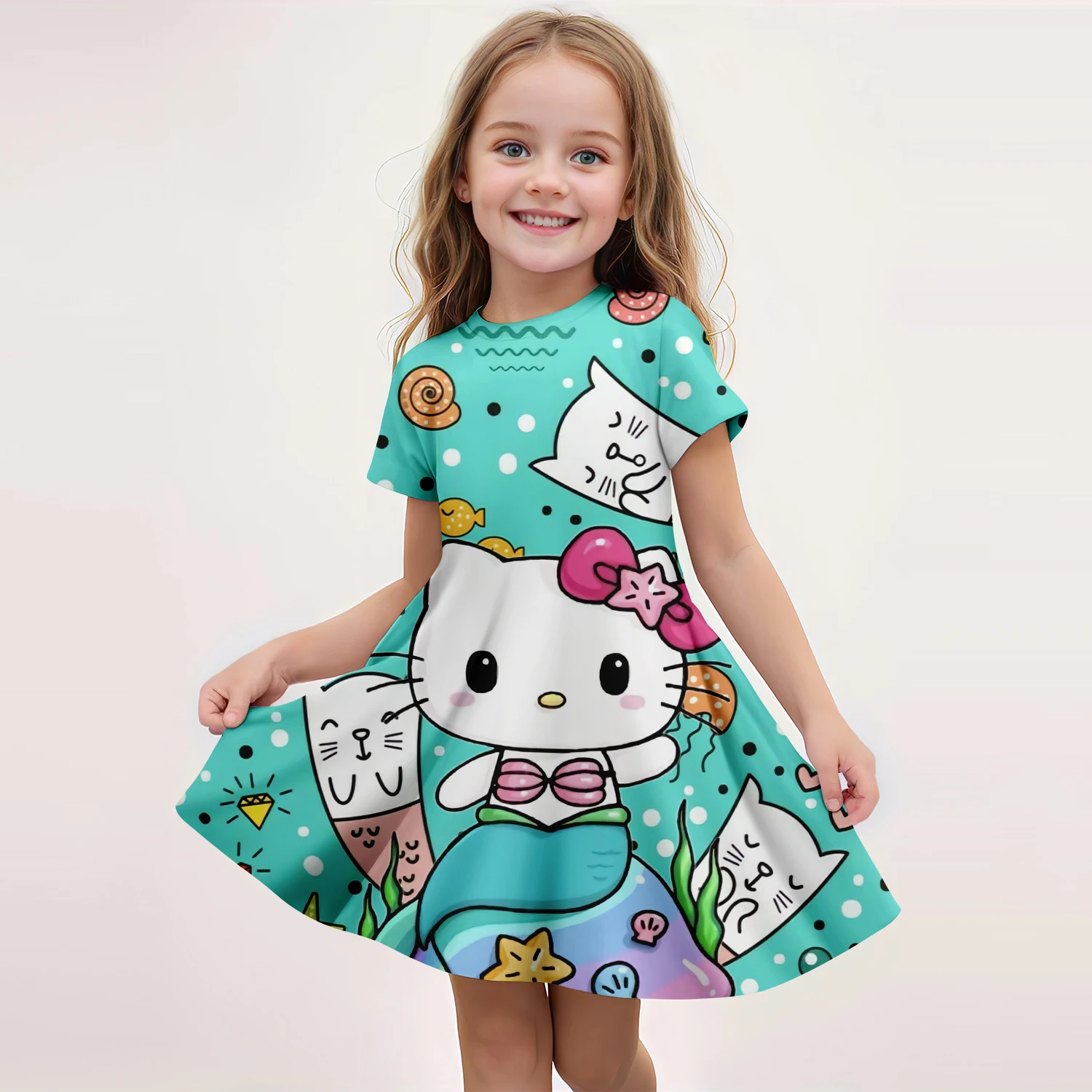 Summer Girls' Short sleeved Dress3D Hello Kitty Printed Cartoon Cute Princess Fashion Polyester BreathableParty Knee LengthDress