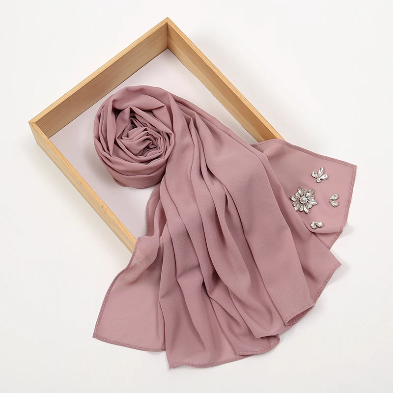 Wholesale Rhinestone Muslim Woman Hijabs Bubble Chiffon Islam Shawls and Wraps Solid Color Headscarf Hijab Plain Musulman Scarfs