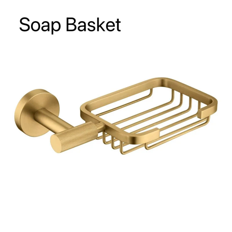 

Набор аксессуаров для ванной комнаты из матового золота: держатель для мыла, полотенцедержатель, держатель для салфеток, крючок для халата, подставка для стакана, ершик для унитаза, мыльница