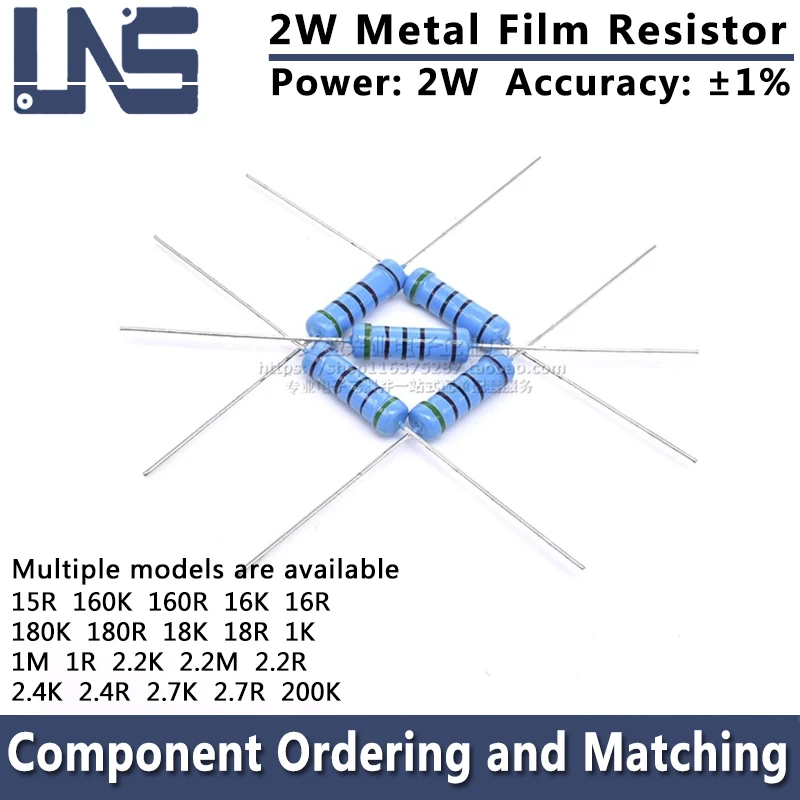 ตัวต้านทานฟิล์มโลหะ2W 10ชิ้น1% 15R 160K 160R 16K 16R 180K 180R 18K 18R 1K 1M 1R 2.2K 2.2M 2.2R 2.4K 2.4R 2.7K 2.7R 200Kohm