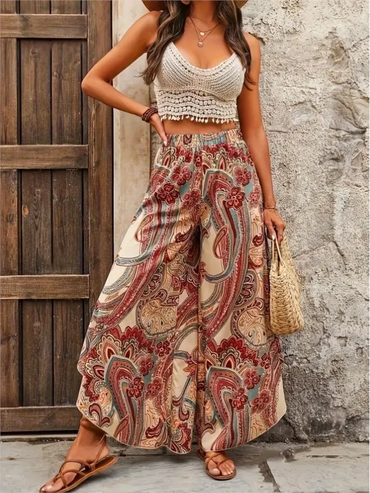 Plus Size Sommer Bohemian Style Print lange weites Bein Hose Frauen unregelmäßige Rüschen plissiert lose Damen hose Mode Frau Hose