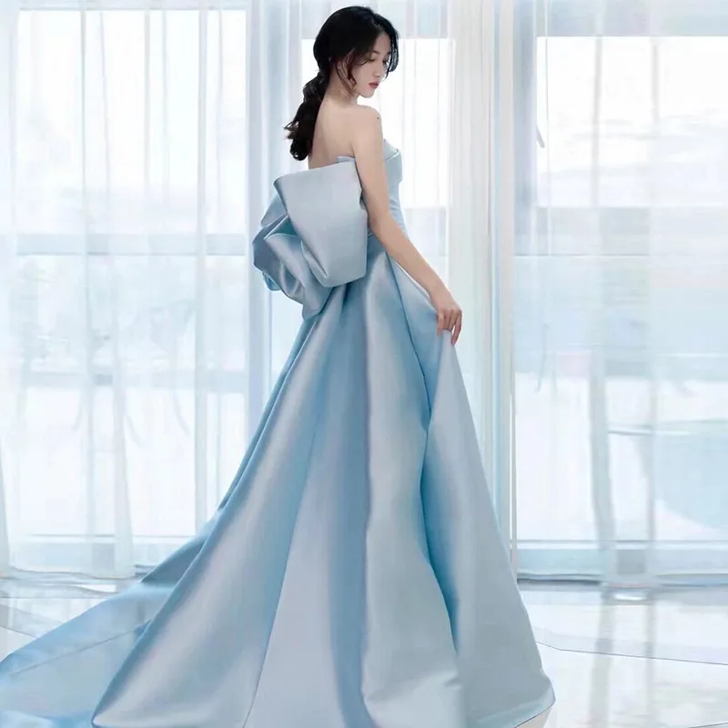 

Sky Blue Satin Evening Dress Strapless Straps Large Bow Light Luxury Gorgeous Princess Dress Elegant Dreamy Ball Ceremonial Gown