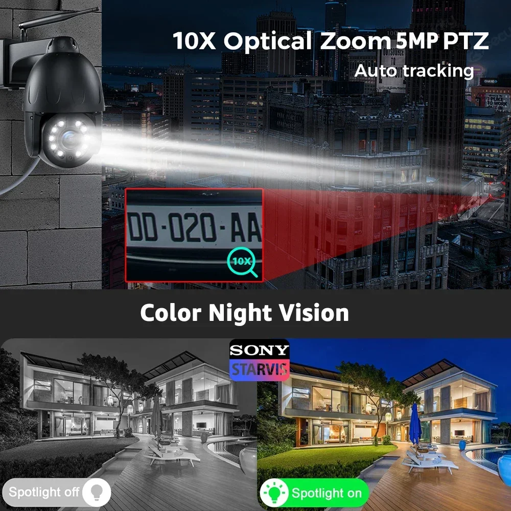 5MP Outdoor WiFi Security IP Camera 5X/10X Optical Zoom Auto Tracking PTZ Camera Color Night Vision Human Detect CCTV Cameras