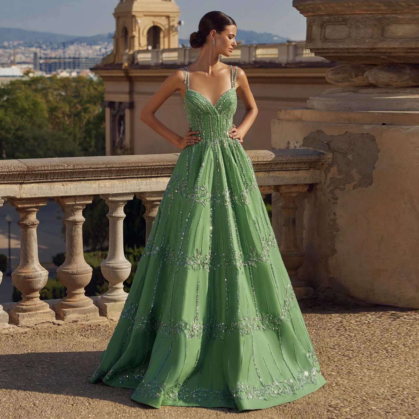 Sharon Said Luxury Dubai Beaded Green Evening Dress for Women Wedding Straps /Sqaure Engagement Party Dresses SS225 Customized